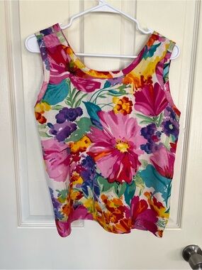 Vintage Boom Floral Rayon Tank Top Watercolor Tropical Print Sleeveless L